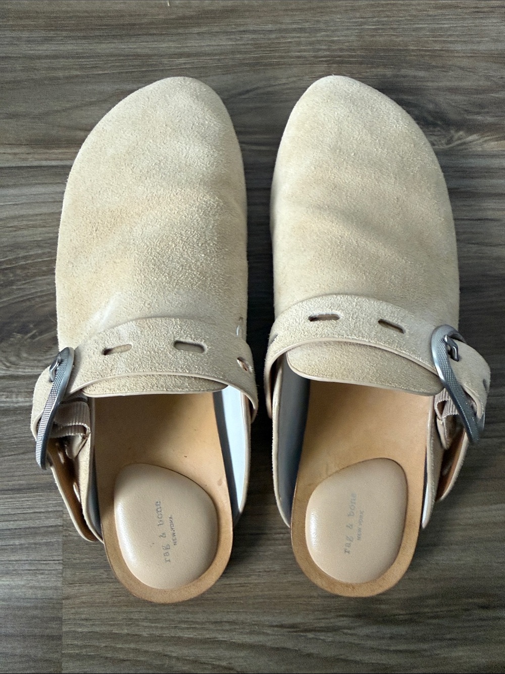 Rag & Bone New York Beige Suede Ansley Clogs w/ Silver Tone Buckles EUR 40 US 9